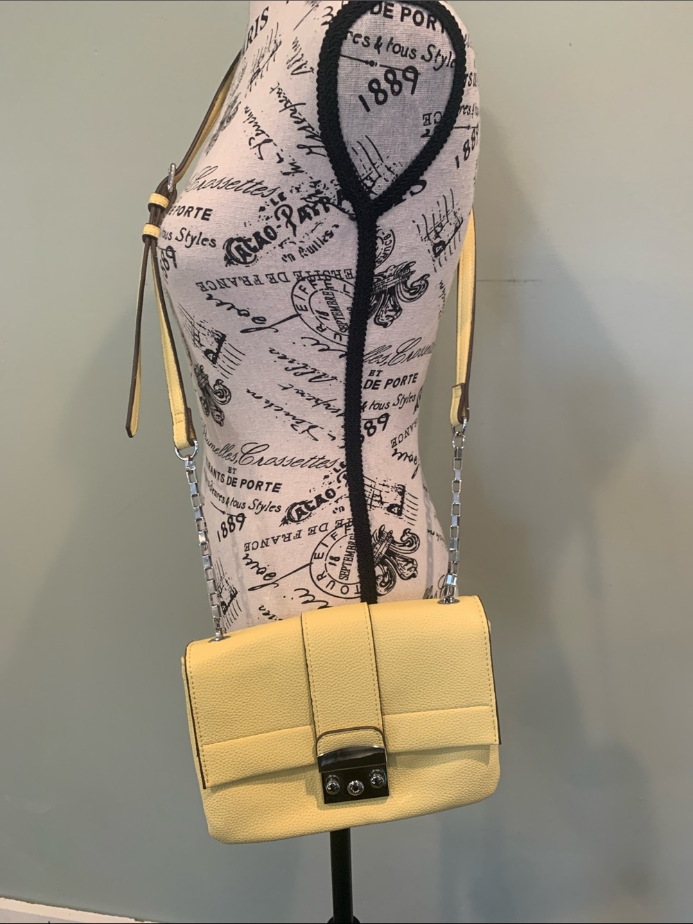 Tahari Pale Yellow Pebbled Faux Leather Crossbody Flap Bag Silver Chain Strap